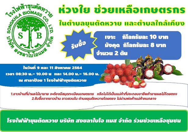 บริษัท สงขลา ไบโอแมส จำกัด ประชาสัมพันธ์ รับซื้อผลไม้ เพื่อช่วยเหลือเกษตรกร ในตำบลขุนตัดหวาย